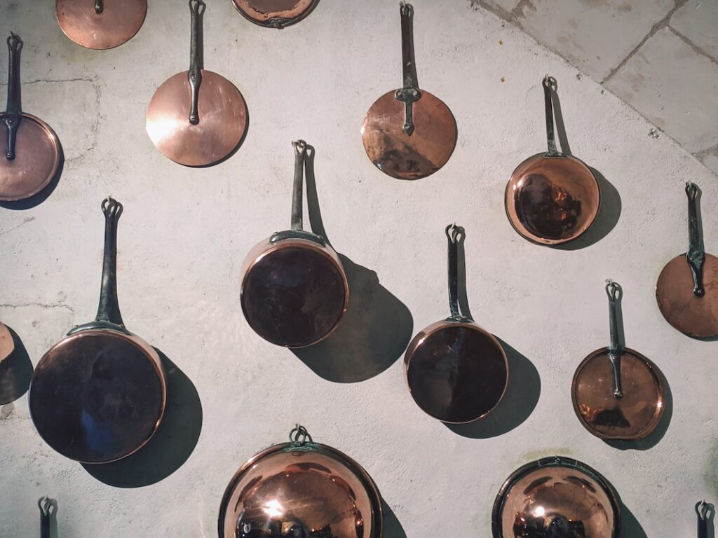 Pans hanging on a wall