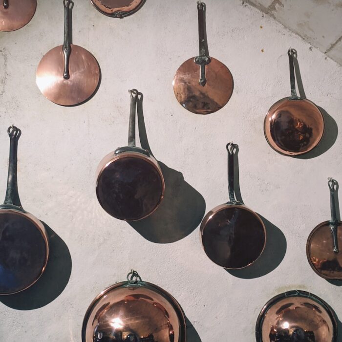 Pans hanging on a wall